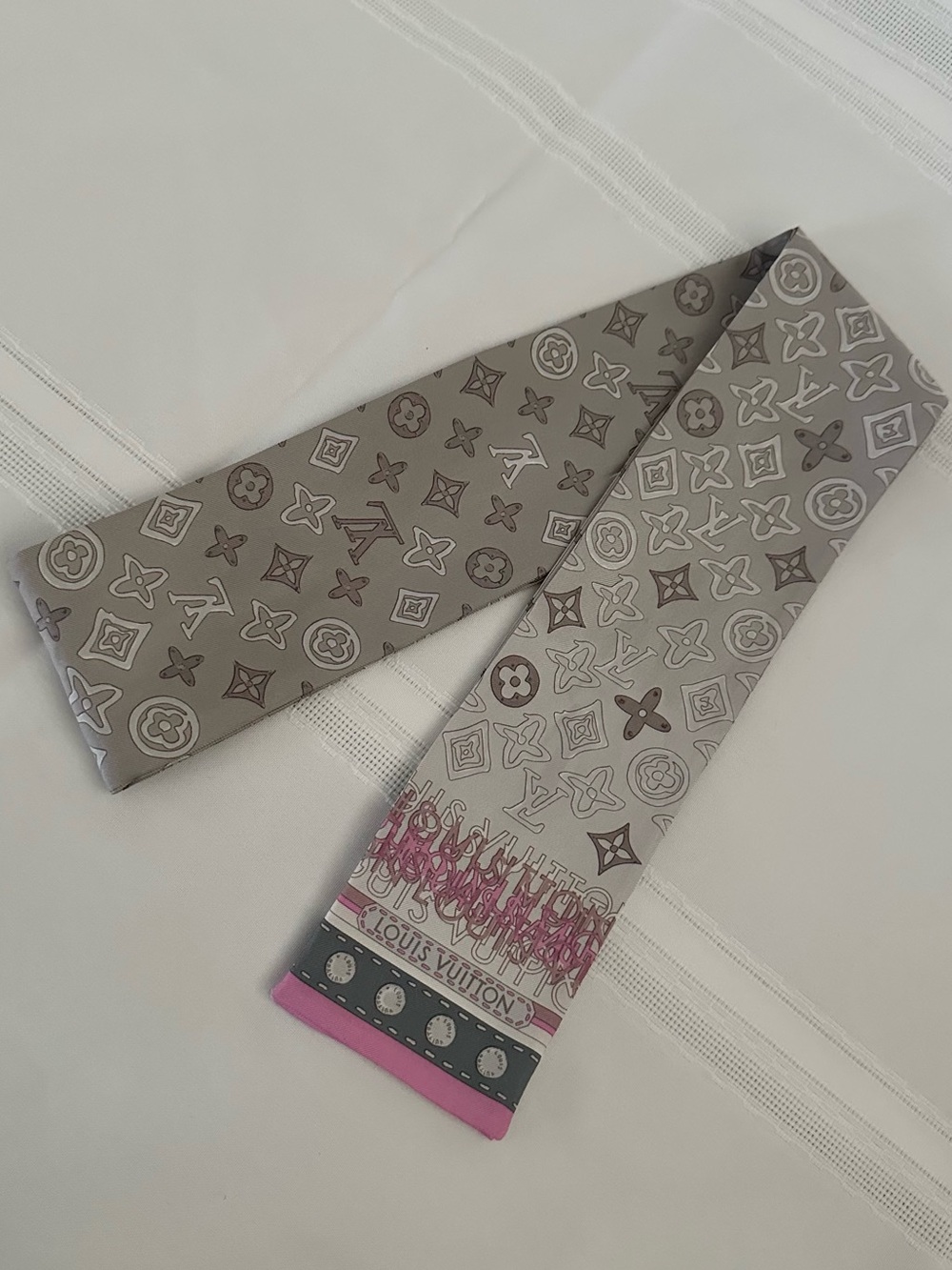 Authentic Louis Vuitton Pearl Pink Silk Monogram Map Bandeau